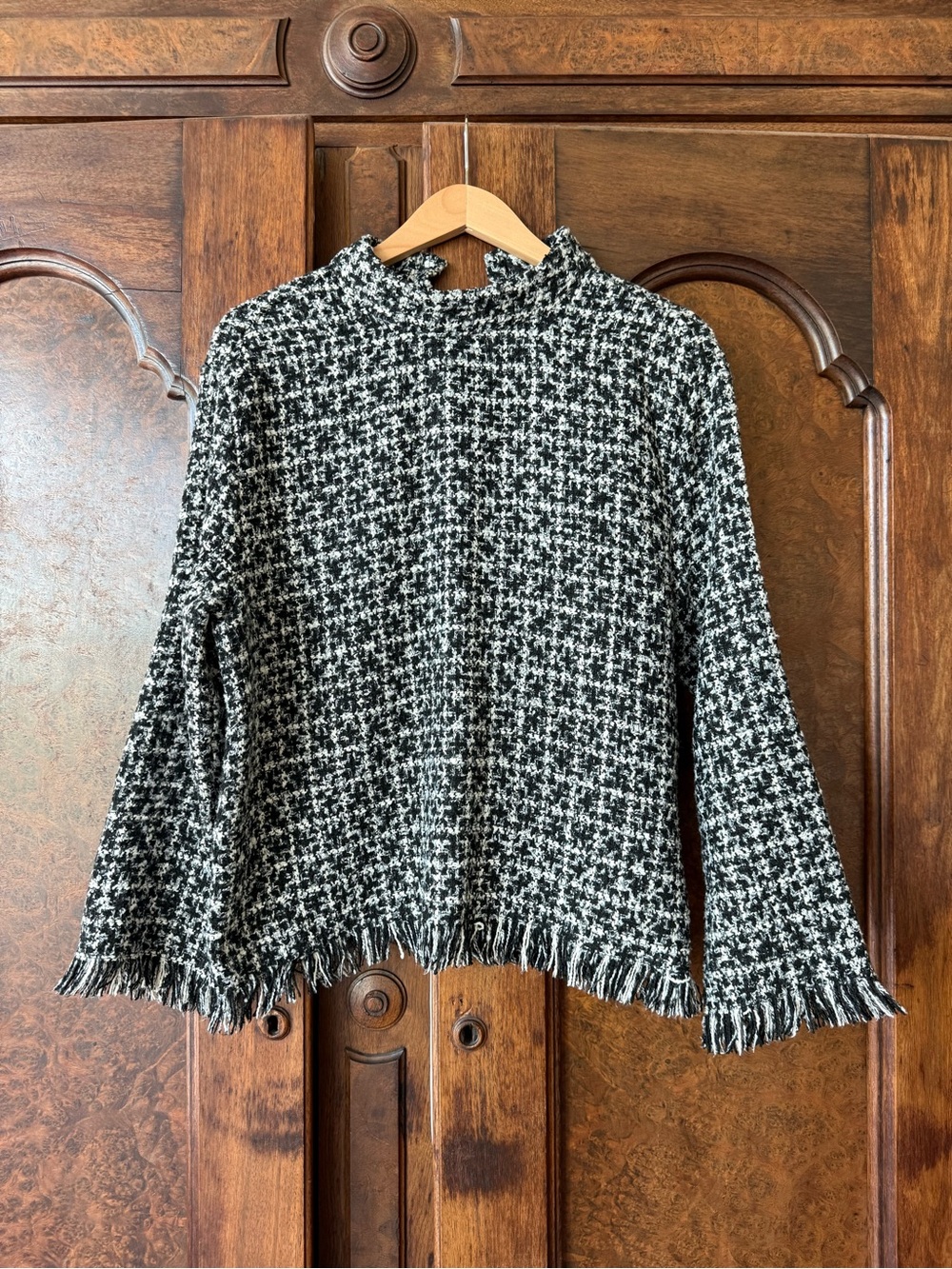Zara Black and White Tweed Fringe Top